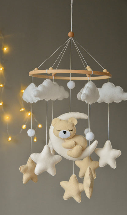 Mobile de Lit Nuages Étoiles - Ourson Dormeur Beige